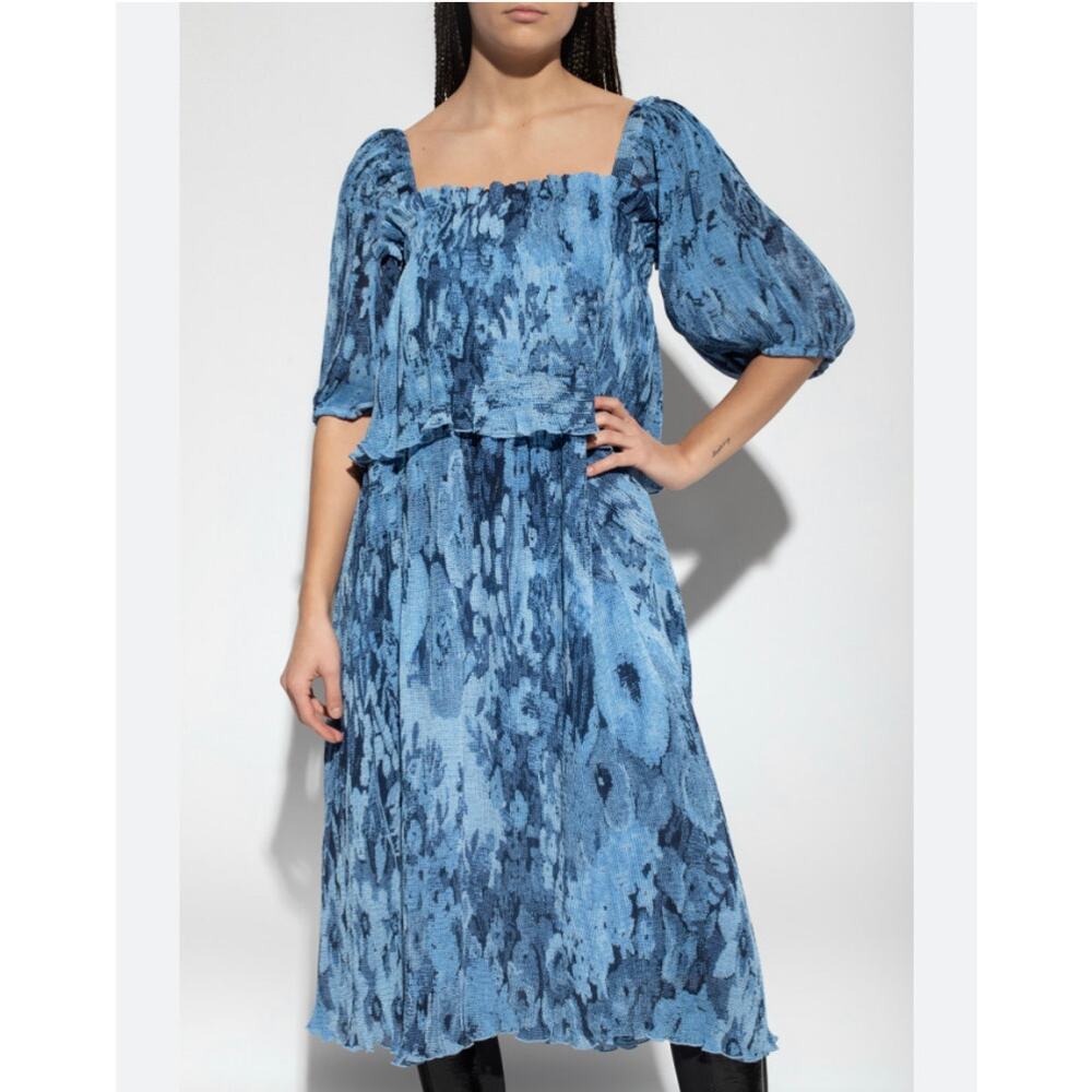 GANNI Floral Print Tiered Shirred Dress Midi Blue 42